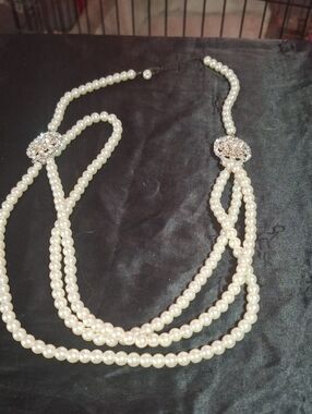 Pearl Multi-Strand Necklace with Rhinestone Accents - White